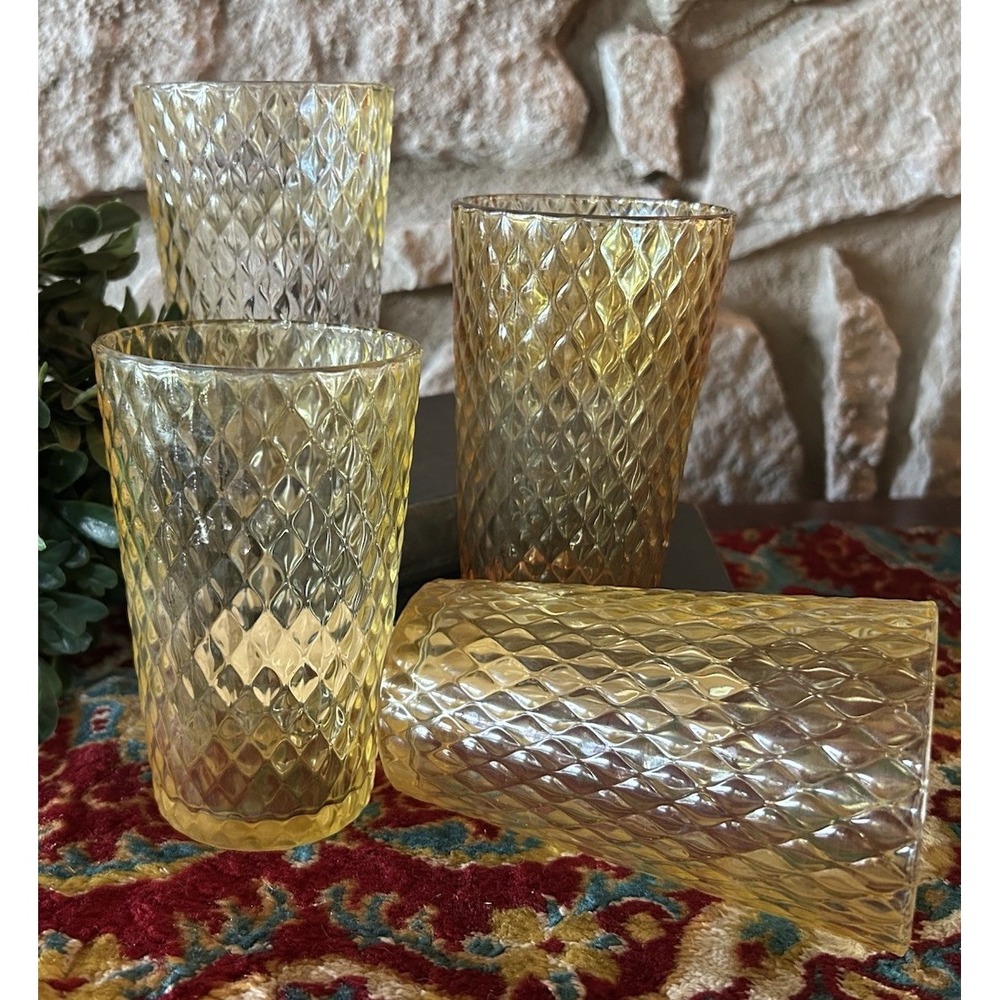 Vintage Honeycomb Gold Quilted Pattern Tumblers Water Glasses Set of 4 5.5"H